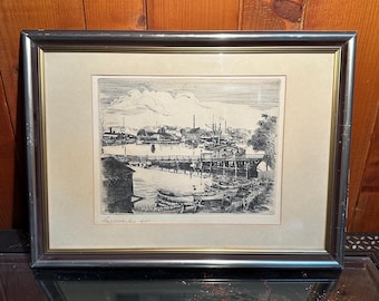 Framed 1915 Harbor Etching Liljecrantzson | Vintage Maritime Scene | Industrial Boats Wharf Art | Nautical Wall Décor