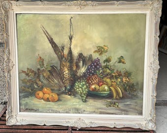 Vintage Still Life Oil Painting Pheasant And Fruit | Ornate Baroque Frame | Signed Game Bird Wall Art | Rustic French Country Decor