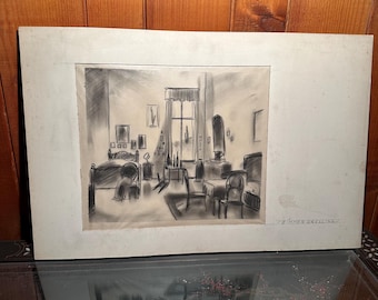 Vintage Charcoal Drawing Interior | Mid-Century Bedroom Sketch | Black White Home Art | Modernist Room Scene | Monochrome Wall Decor