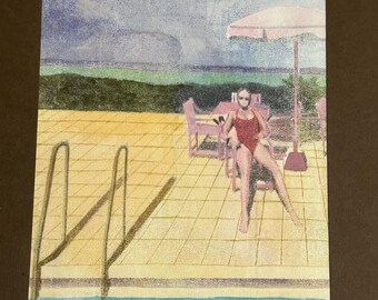 Vintage Poolside Scene Painting | Woman in Red Swimsuit under Parasol | 1980s Modern Art Signed
