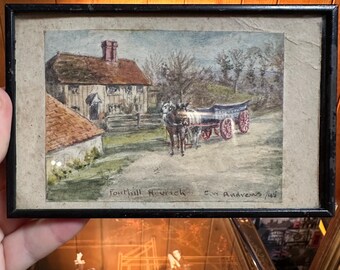 Framed Miniature Watercolor Cottage Scene by E.W. Andrews 1943 – Fonthill Newrick English Horse Cart Art