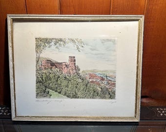 Hand-Colored Etching Heidelberg Castle View – Signed Vintage Framed Art Print – Original Radierung 1960s German Landscape