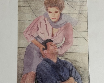 Vintage Art Painting | Emotional Couple Scene Signed Art | 1980s Pastel Drawing on Paper | Retro Expressionist Artwork