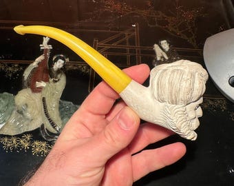 Hand-carved Meerschaum Pipe with Turbaned Man Bust – Vintage Orientalist Smoking Pipe with Amber Stem – Collector’s Ottoman Style Pipe