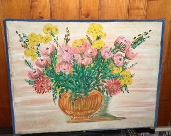 Vintage Floral Oil Painting on Canvas – Colorful Flower Still Life in Vase – Original Art – Rustic Home Wall Decor