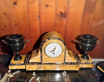 Antique Marble Mantel Clock Set with Bronze Urns – French Empire Style 3-Piece Garniture – Working Table Clock