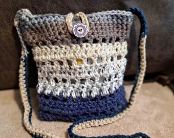 Silver and Blue Over the Shoulder Crochet Button Bag