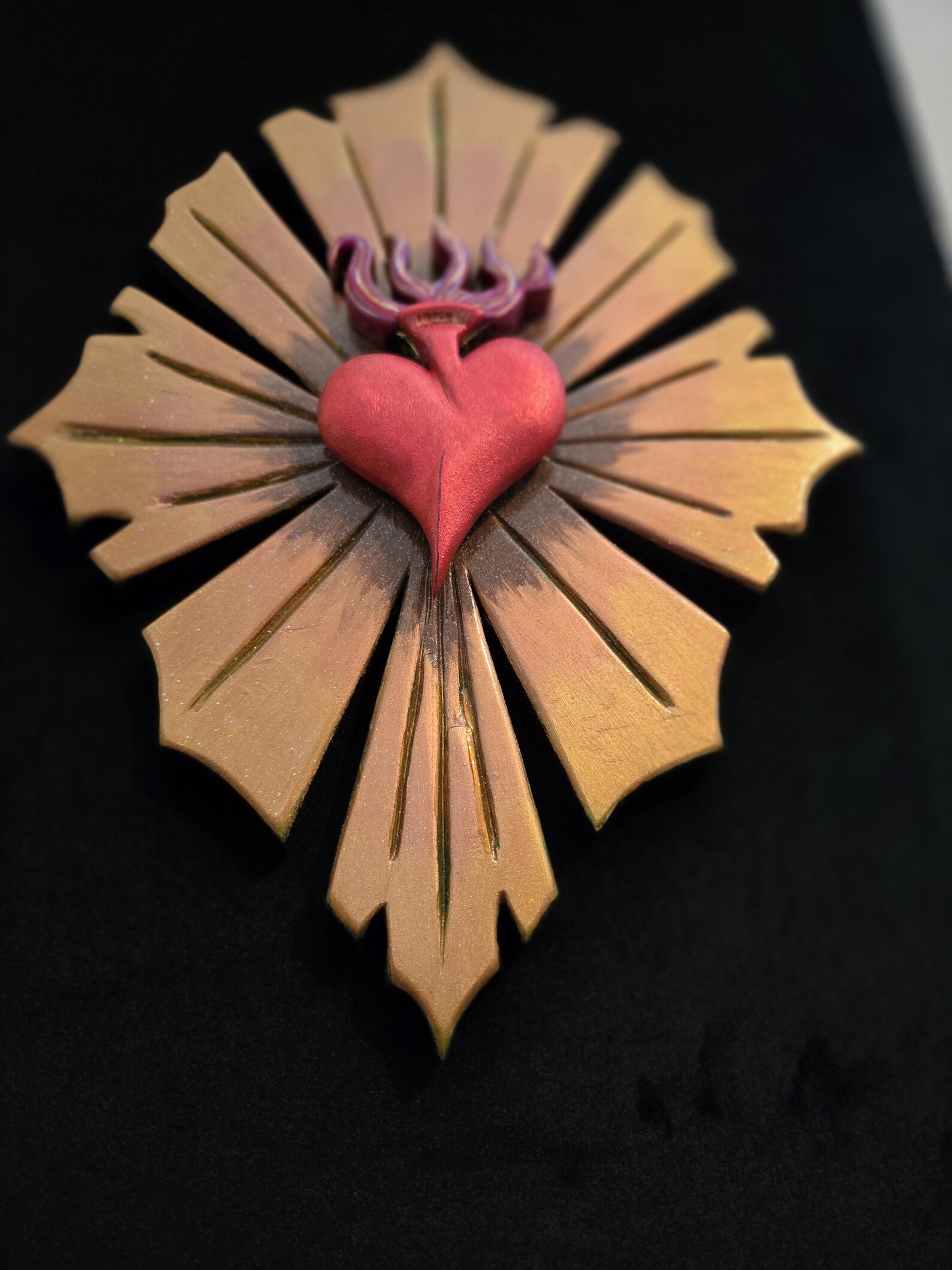 Hand Carved and Painted Sacred Heart and Rays on Black Velvet - Etsy