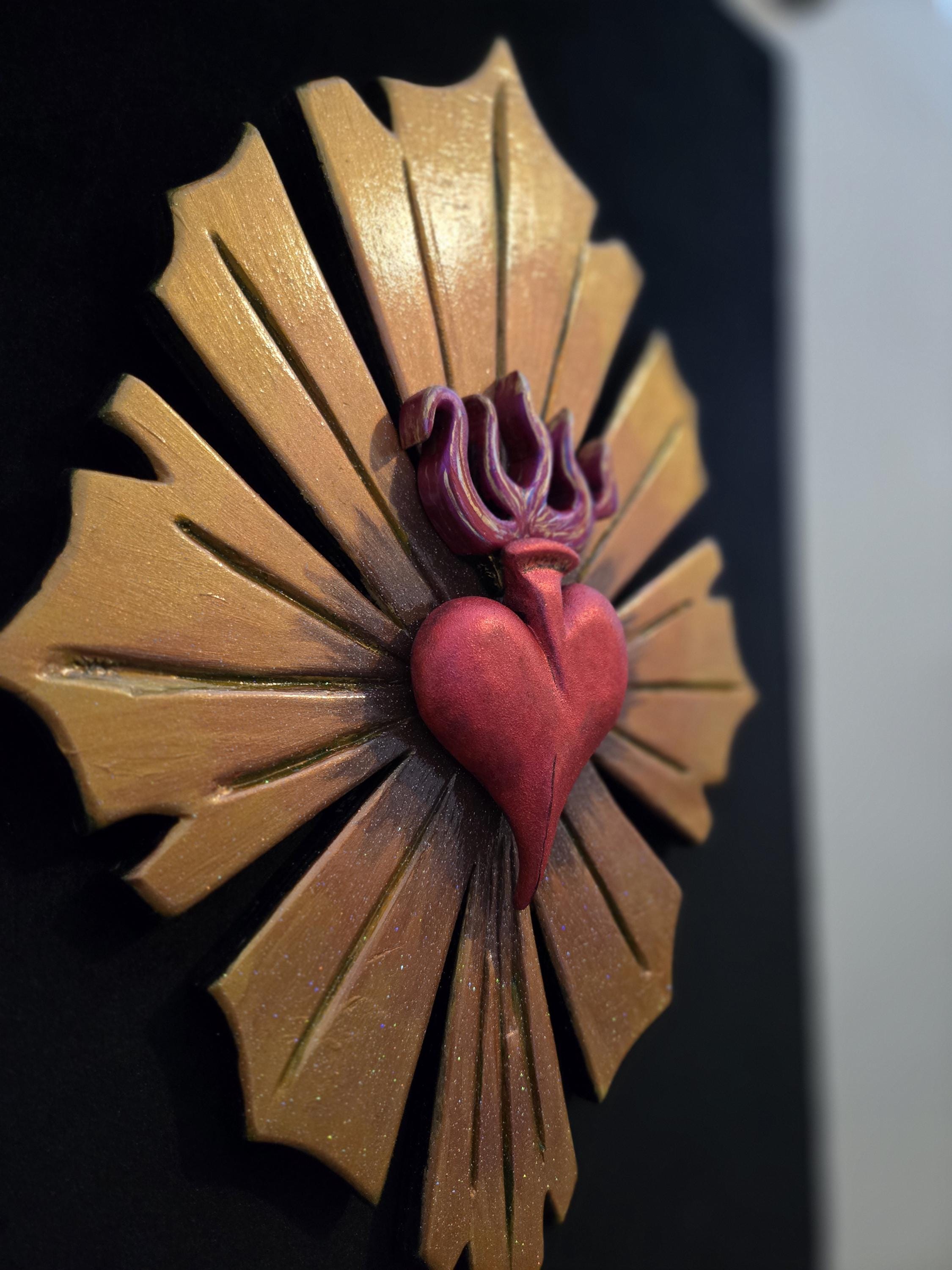Hand Carved and Painted Sacred Heart and Rays on Black Velvet - Etsy
