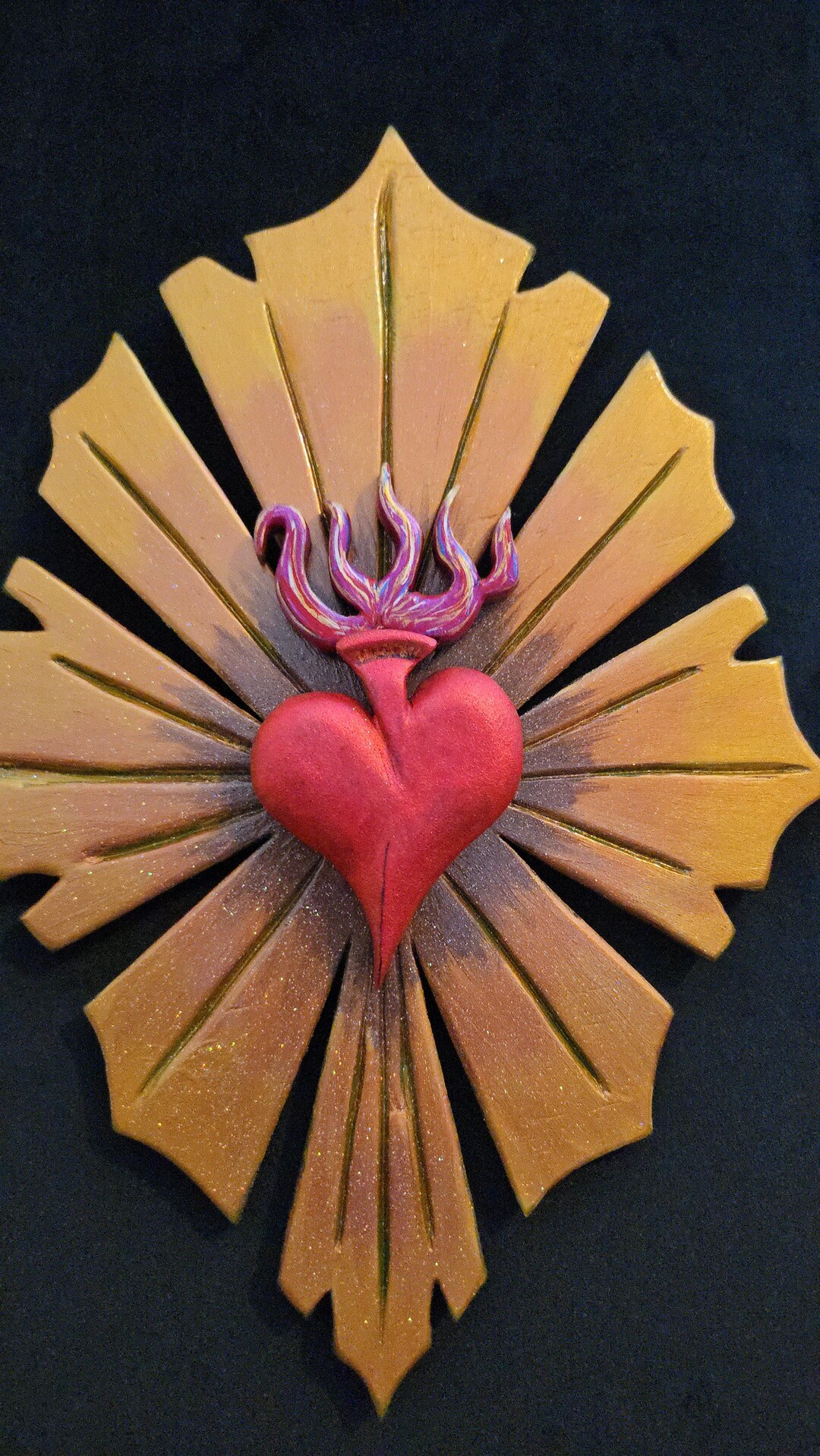 Hand Carved and Painted Sacred Heart and Rays on Black Velvet - Etsy