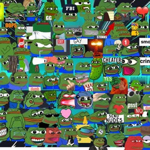 Peut inclure: Un collage de personnages verts en forme de grenouille avec diverses expressions et superpositions de texte. L'image comprend des mots comme "FBI", "GAY", "YES", "BAN" et "SEND NUDES". Les personnages sont dans différentes poses.