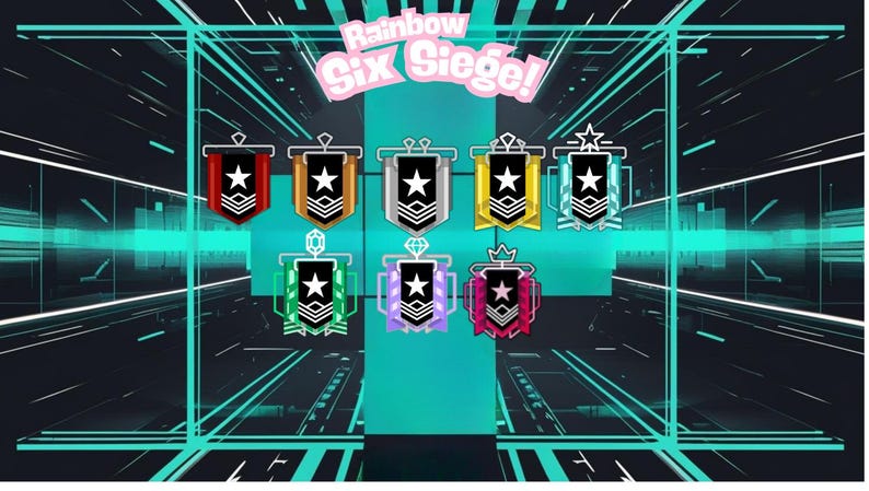 May include: Image features a series of colorful, stylized badges with a star and chevron design, set against a teal and black background. The text "Rainbow Six Siege!" is displayed at the top. The badges vary in color, including red, gold, and green.