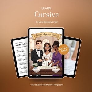 May include: Three tablets display cursive writing lessons. The main tablet shows a wedding scene with the text "Forever Begins in Cursive." Other tablets show practice words like "Always." The top text reads "Learn Cursive."