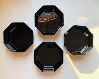 ARCOROC France Octime Octagonal Black Glass Bowls, zestaw 4 sztuk, francuski modernizm, zapasowe naczynia Arcoroc, ośmiokątne kubki, lata 80. vtg