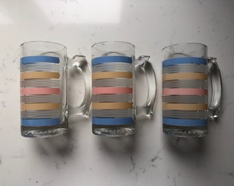 Set of 3 Retro Glass Mugs Vintage Barware Pink Light Blue Peach