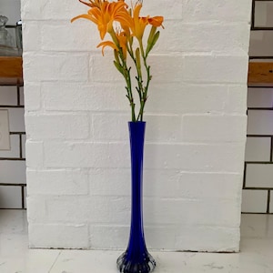 Mid Century Cobalt Blue Slim Neck Vase, Blue Decor, Vintage Vases, Blue Glass