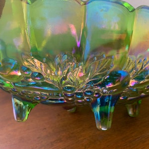 Large Green Carnival Glass Footed Centerpiece oval shaped Compote 12 x 8 1/2, Indiana Iridescent Glass image 7