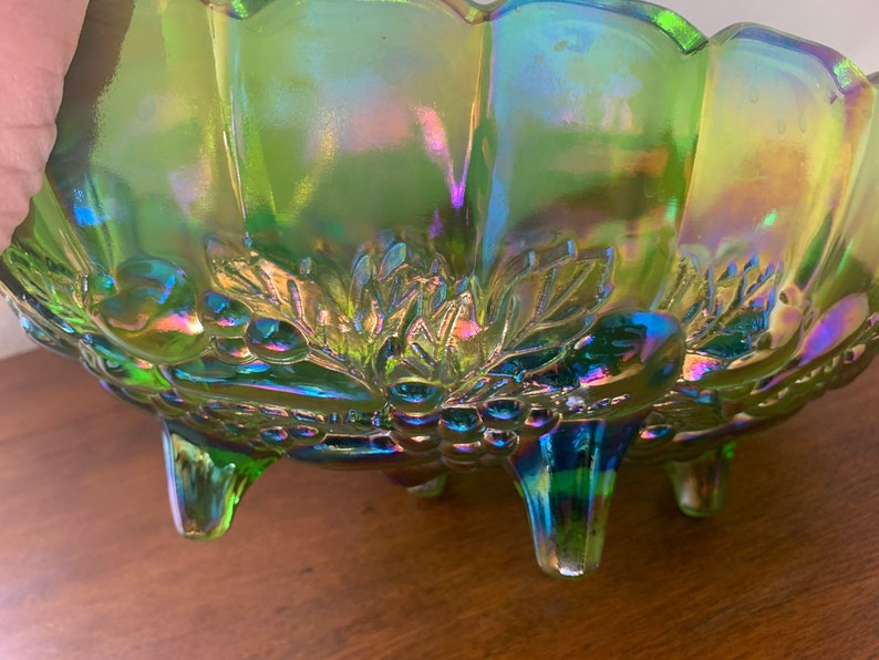 Large Green Carnival Glass Footed Centerpiece oval shaped Compote 12 x 8 1/2, Indiana Iridescent Glass image 7