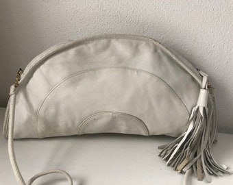 1970's Rare Brio half moon white leather crossbody purse with fringe SALE