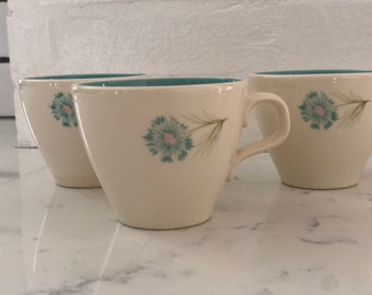 Taylor Smith Boutonniere Coffee Tea Mugs Replacement Dish Sets, Ever Yours, Pink and Blue Flowers, Fire King set of 3