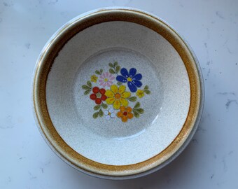 Mikasa Floribunda F5813 Stone Manor Bowls, Replacements dishes, Ironstone, 1970's Retro Pink, Yellow, Orange, Blue Flowers, Set of 5