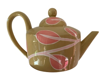 Jill Rosenwald by Magenta Inc. Theepot, geelbruin met roze bloemen, vintage theepot, vintage waterkoker, theepot uit het midden van de eeuw