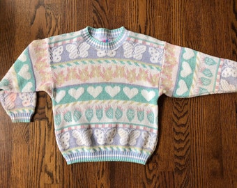 1980's Childrens Heartworks Sparkly Sweater | Butterfly and Hearts Acrylic Sweater | Girls Kids Sweater | 1980's Gem Sweater
