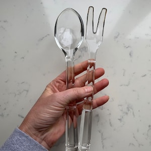 Glass Salad Fork and Spoon Vintage Serving Utensils, Vintage Kitchen, Art Deco Style, MCM Serving Utensils, Entertaining, Dining, Holiday