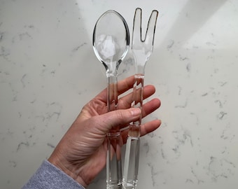 Glass Salad Fork and Spoon Vintage Serving Utensils, Vintage Kitchen, Art Deco Style, MCM Serving Utensils, Entertaining, Dining, Holiday