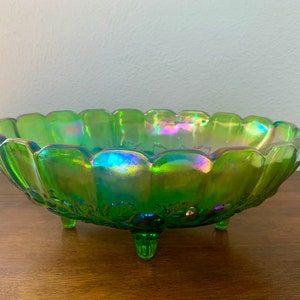 Large Green Carnival Glass Footed Centerpiece oval shaped Compote 12 x 8 1/2, Indiana Iridescent Glass image 1