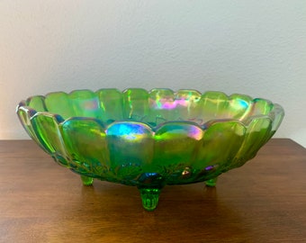 Large Green Carnival Glass Footed Centerpiece oval shaped Compote 12 x 8 1/2", Indiana Iridescent Glass