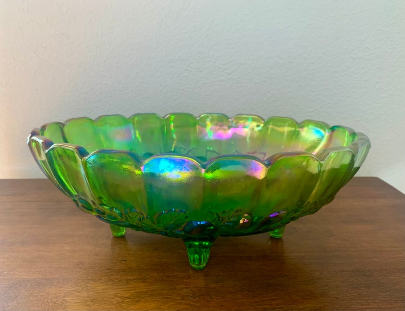Large Green Carnival Glass Footed Centerpiece oval shaped Compote 12 x 8 1/2, Indiana Iridescent Glass image 1