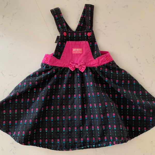 Vintage OSHKOSH B'GOSH Bib Overalls Vestbak Girls Toddler Romper Dress 80’s 90's Gray with Pink Flowers