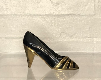 Vintage Brass and Enamel Black and Gold High Heel Heavy Paperweight, Desk Accessory, Business Card Holder