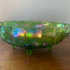 Large Green Carnival Glass Footed Centerpiece oval shaped Compote 12 x 8 1/2, Indiana Iridescent Glass image 8