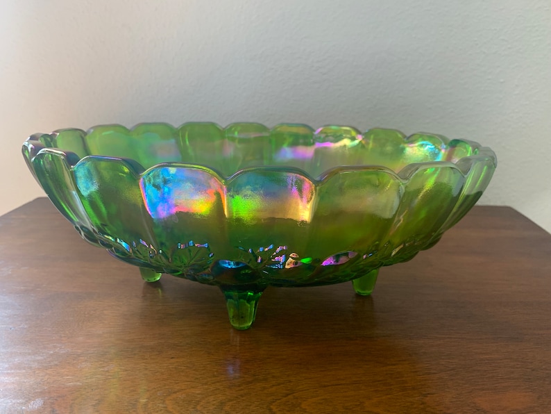 Large Green Carnival Glass Footed Centerpiece oval shaped Compote 12 x 8 1/2, Indiana Iridescent Glass image 8