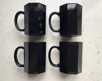 ARCOROC France Octime French Modernist Octagonal Black Glass Mugs, set of 4, 8 Ounce, Arcoroc replacement dishes, Octagonal mugs, 1980s vtg