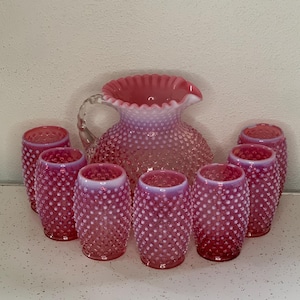Fenton Art Glass Cranberry Opalescent Hobnail Pitcher and Tumbler Set with 7 Tumblers