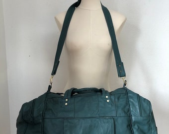 Large Teal Blue Leather Duffel Bag with Shoulder Strap, Vintage Luggage, Vintage Travel Bag, Carry On, Weekender