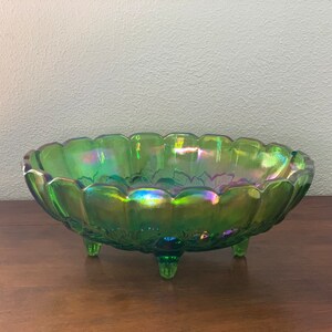 Large Green Carnival Glass Footed Centerpiece oval shaped Compote 12 x 8 1/2, Indiana Iridescent Glass image 2