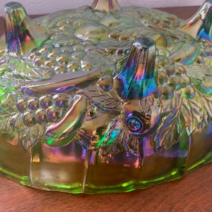 Large Green Carnival Glass Footed Centerpiece oval shaped Compote 12 x 8 1/2, Indiana Iridescent Glass image 6