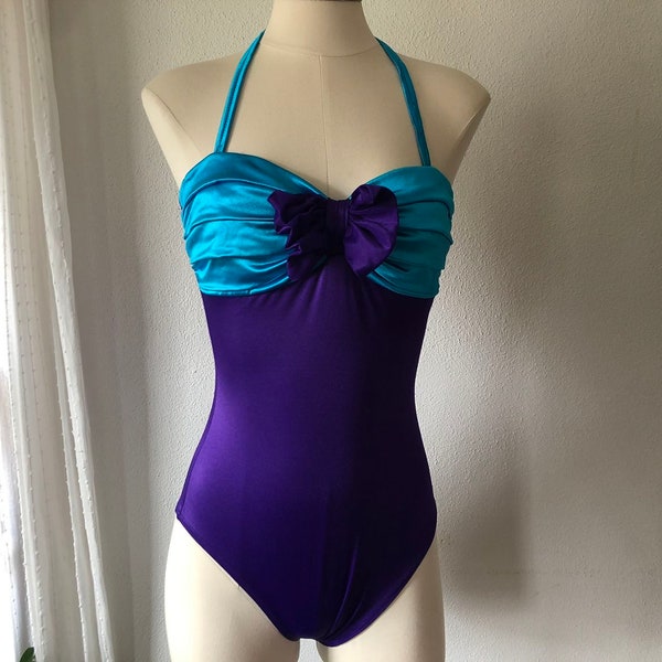 Vintage 80's Bathing Suit | Sirena Size 14 | Purple and Turquoise Strapless Suit | 1980's Vintage Swimwear | Vintage Beachwear | Made in USA