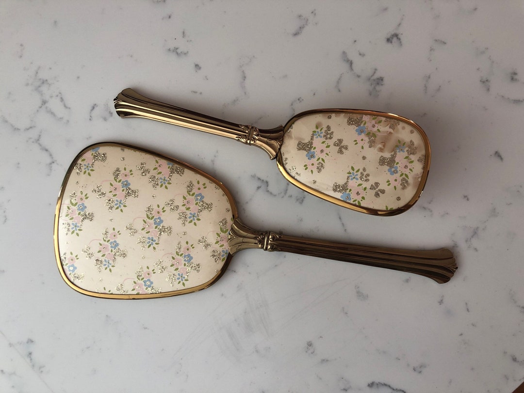 Vintage Vanity Mirror and Hair Brush Set Pink and Blue Gold Glitter