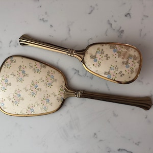 Vintage Vanity Mirror and Hair Brush Set, Pink and Blue, Gold Glitter, Floral Design with Glitter Bows, 1920&#39;s-1950&#39;s Vanity accessories