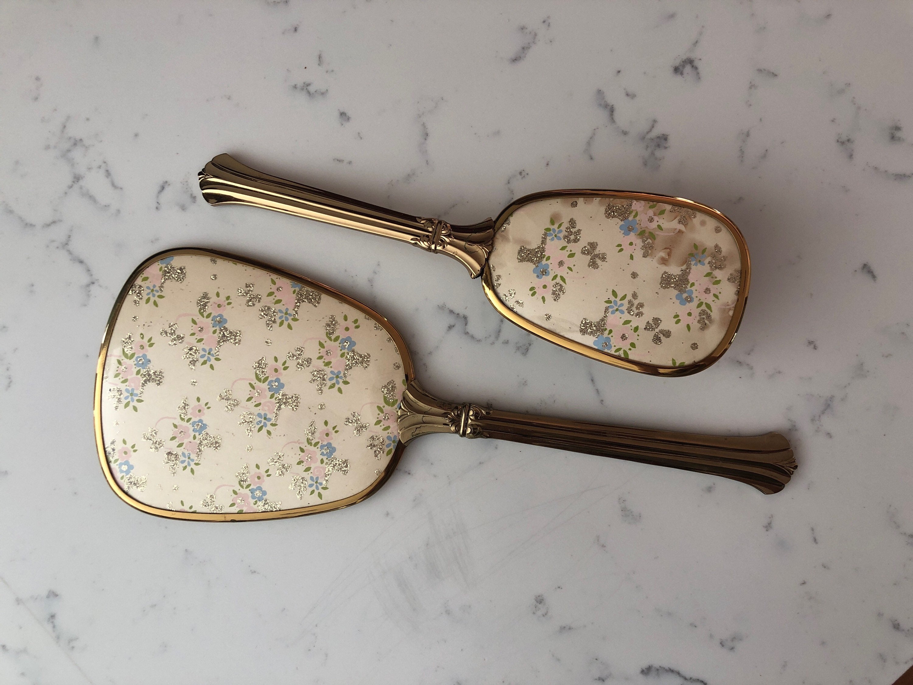 Vintage Green and Pink Vanity Mirror & Brush Set In Blue Fabric Covered Case Brush and Mirror Set Indiana Collectible Hand Mirrors for  main image 4