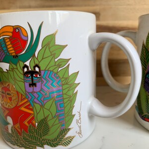 Vintage Laurel Burch Coffee Mugs Set, Amazonia and Secret Jungle, Made in Japan, Vibrant colors, Gold and White, 1990's Collectible Mugs image 7