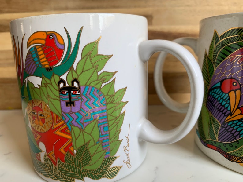 Vintage Laurel Burch Coffee Mugs Set, Amazonia and Secret Jungle, Made in Japan, Vibrant colors, Gold and White, 1990's Collectible Mugs image 7