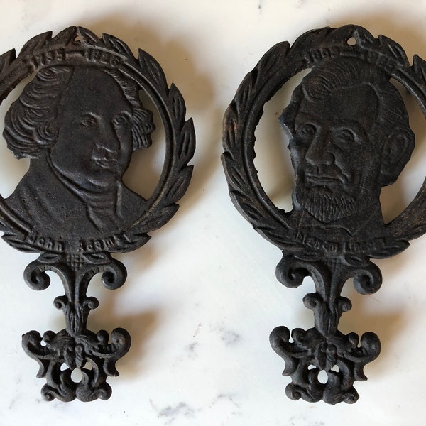 Vintage Cast Iron President John Adams and Abraham Lincoln Trivet 7” 1950s Kitchenware Decor, Decorative Wall Hanging Dining Decor