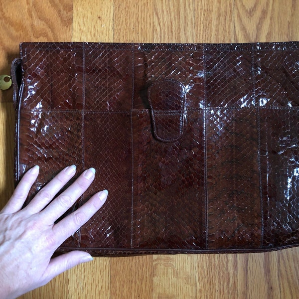 Club XIX Made in Italy Brown Leather Clutch • Vintage Snakeskin Clutch • Large Vintage Clutch