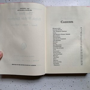 May include: Open book with the title "The Best of Ralph Waldo Emerson" and a contents page. The contents include "Introduction", "Concord Hymn", and "The American Scholar". Printed in the United States of America.